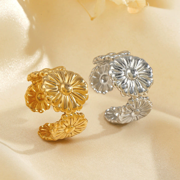 Wholesale Stainless Steel Flower Open Ring With Electroplating Retro And Fashion Style For Women