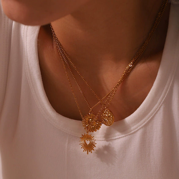 Wholesale Stainless Steel Flower Pattern Electroplated Pendant Necklace Unisex Jewelry