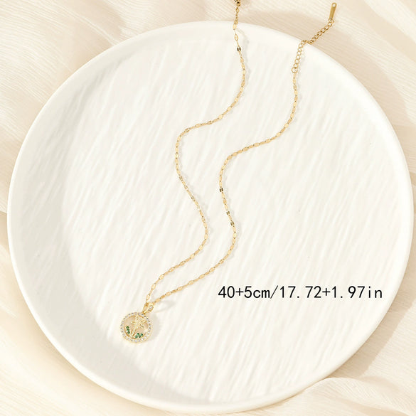 Wholesale Stainless Steel Flower Pendant Clavicle Chain With Mixed Gemstone Setting And Electroplating