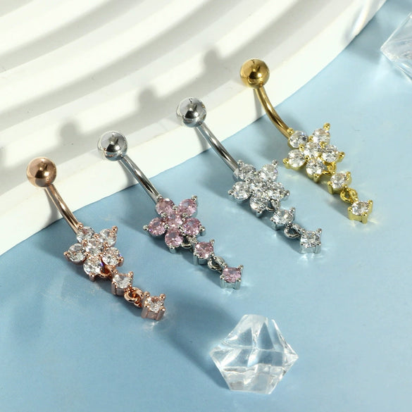 Wholesale Stainless Steel Flowershaped Belly Button Ring With Electroplating And Multicolor Zircon Jewelry