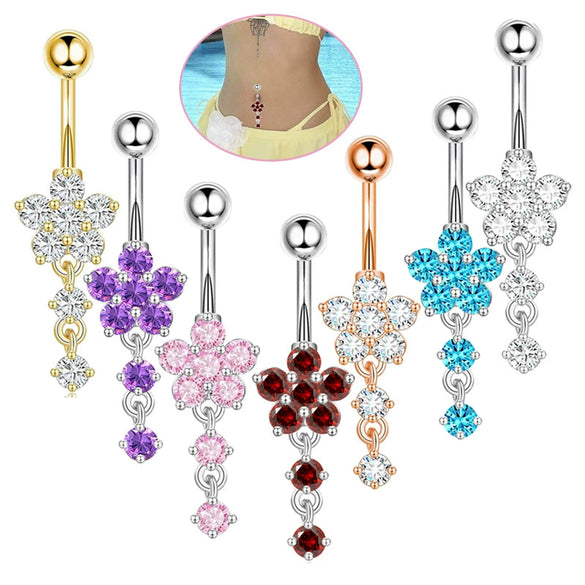 Wholesale Stainless Steel Flowershaped Belly Button Ring With Electroplating And Multicolor Zircon Jewelry