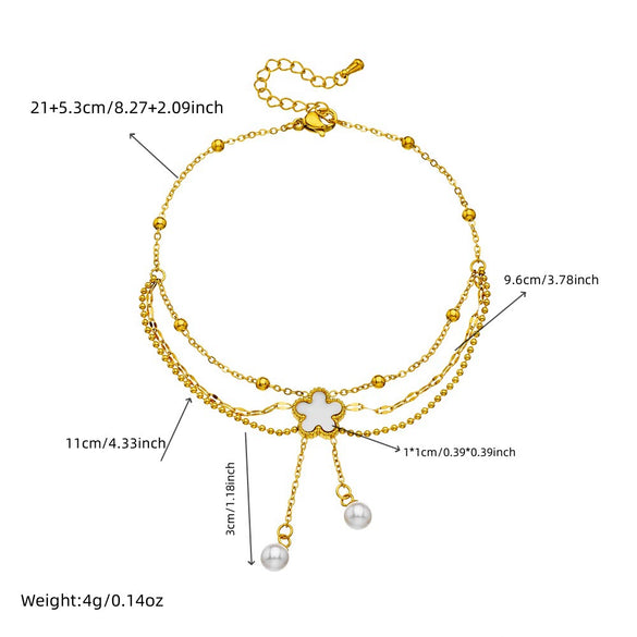 Wholesale Stainless Steel Flowershaped Pearl Shell Tassel Chain Multilayer Jewelry Anklet For Women