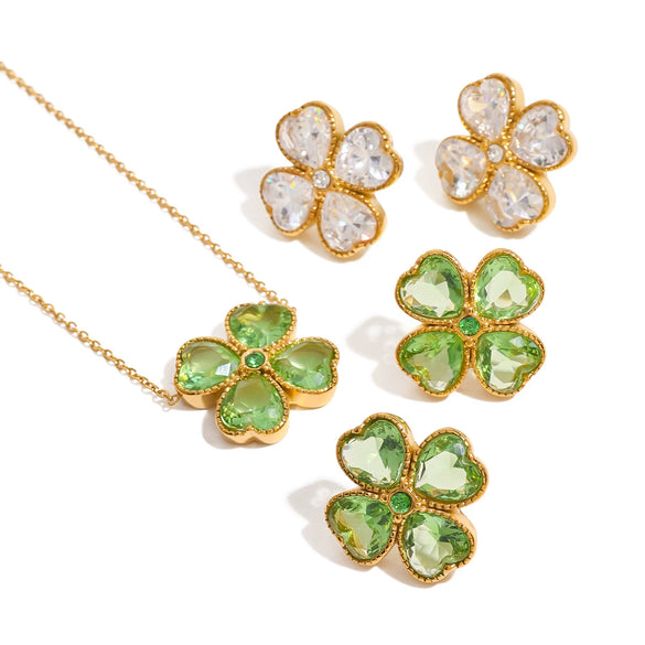 Wholesale Stainless Steel Four Leaf Clover And Heart Shaped Leaves Patterned Necklace And Earrings With Electroplating For Women