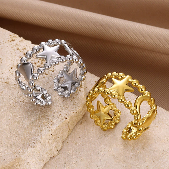 Wholesale Stainless Steel Fourleaf Clover Geometric Lines Cut Out Goldplated Unisex Rings