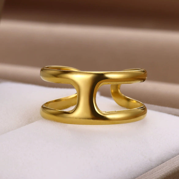 Wholesale Stainless Steel Fourleaf Clover Geometric Lines Cut Out Goldplated Unisex Rings