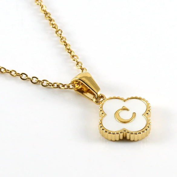 Wholesale 316L Stainless Steel Fourleaf Clover Pendant Necklace With Electroplating Treatment And Letter Pattern For Women