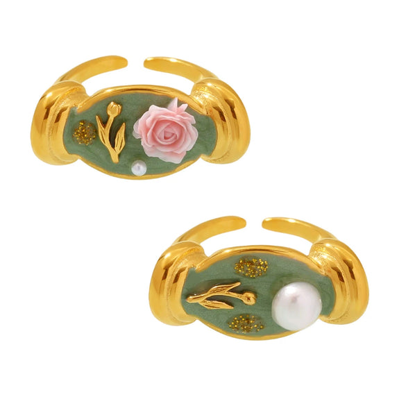 Wholesale Stainless Steel Freshwater Pearl Enamel Glaze Geometric Rose Flower Open Casting Ring For Women