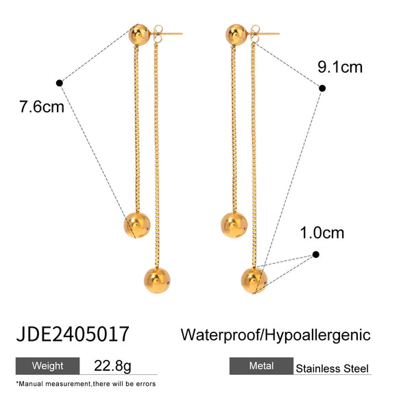 Wholesale Stainless Steel Front And Rear Tassel Earrings With Round Steel Balls And Simple Box Chain Electroplated