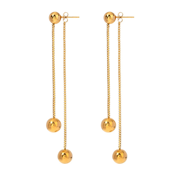 Wholesale Stainless Steel Front And Rear Tassel Earrings With Round Steel Balls And Simple Box Chain Electroplated