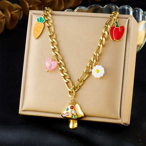 Wholesale Stainless Steel Fruit And Food Style Pendant Necklace With Electroplating Fruit Shaped And Inlaid With Colored Diamond