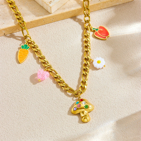 Wholesale Stainless Steel Fruit And Food Style Pendant Necklace With Electroplating Fruit Shaped And Inlaid With Colored Diamond