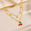 Wholesale Stainless Steel Fruit Pattern Doublelayer Chain Clavicle Necklace With Red Oil Dripping Cherry Pendant Electroplated