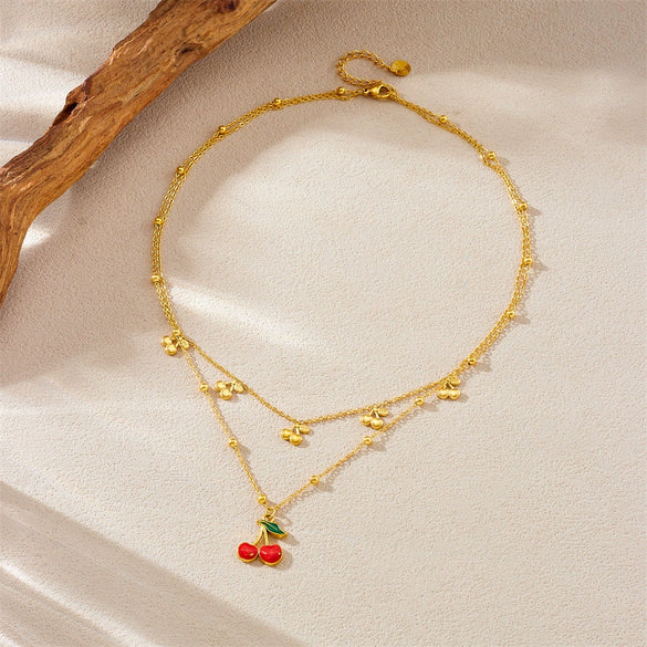 Wholesale Stainless Steel Fruit Pattern Doublelayer Chain Clavicle Necklace With Red Oil Dripping Cherry Pendant Electroplated