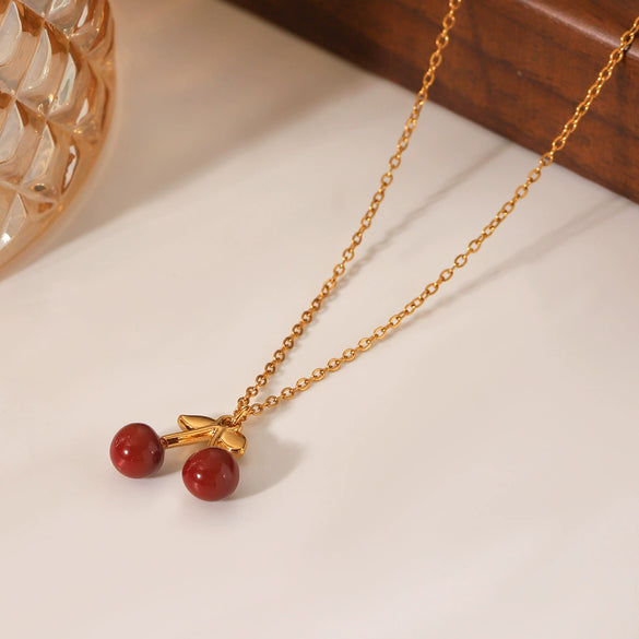 Wholesale Stainless Steel Fruit Pattern Oil Dripping Cherry Pendant O Word Chain Necklace For Women