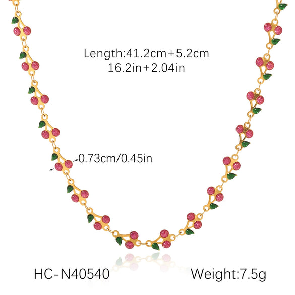 Wholesale Stainless Steel Fruit Pattern Oil Dripping Cherry Pendant O Word Chain Necklace For Women