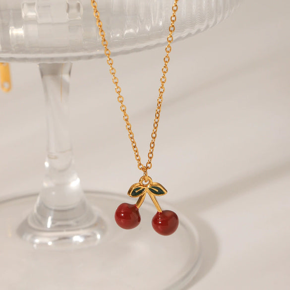 Wholesale Stainless Steel Fruit Pattern Oil Dripping Cherry Pendant O Word Chain Necklace For Women