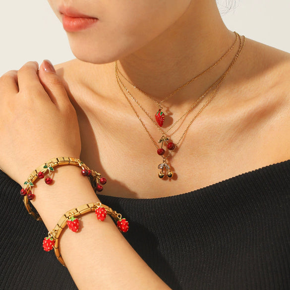 Wholesale Stainless Steel Fruit Pendant Oil Drop Necklace And Titanium Steel Bracelet Set With Fruit Pendant Electroplated With 18K Furnace Vacuum Plating
