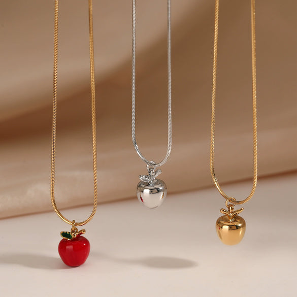 Wholesale Stainless Steel Fruit Series Three Dimensional Oil Dropping Apple Pendant Necklace And Earrings For Women With Electroplating Process