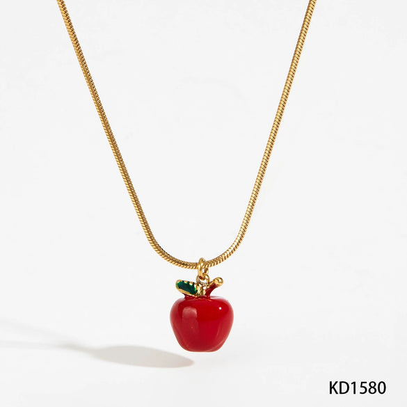 Wholesale Stainless Steel Fruit Series Three Dimensional Oil Dropping Apple Pendant Necklace And Earrings For Women With Electroplating Process