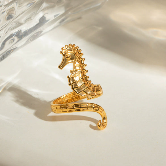 Wholesale Stainless Steel Geometric Animal Seahorse Opening Ring Electroplated Nonfading Jewelry