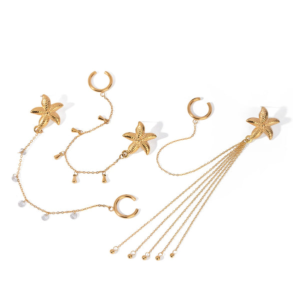 Wholesale Stainless Steel Geometric Animal Style Electroplated Single Starfish Rhinestone Ear Clip Earrings Jewelry For Women