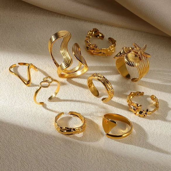 Wholesale Stainless Steel Geometric Asymmetrical Line Texture Snakeshaped Ring With Star Shape For Women
