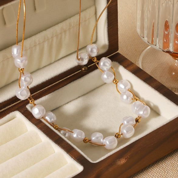 Wholesale Stainless Steel Geometric Beaded Double Layer Pearl Clavicle Necklace For Women With Electroplating
