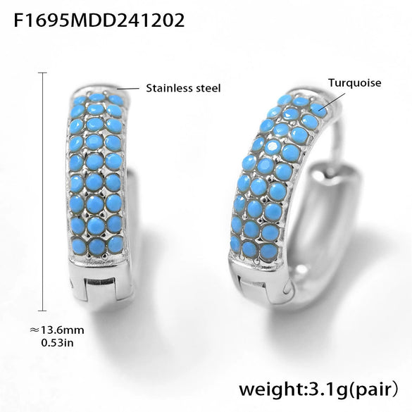 Wholesale 316L Stainless Steel Geometric Blue Turquoise Zircon Inlaid Handmade Electroplated Circle Snap Earrings For Women