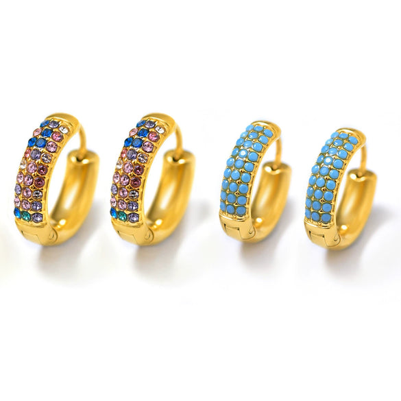 Wholesale 316L Stainless Steel Geometric Blue Turquoise Zircon Inlaid Handmade Electroplated Circle Snap Earrings For Women