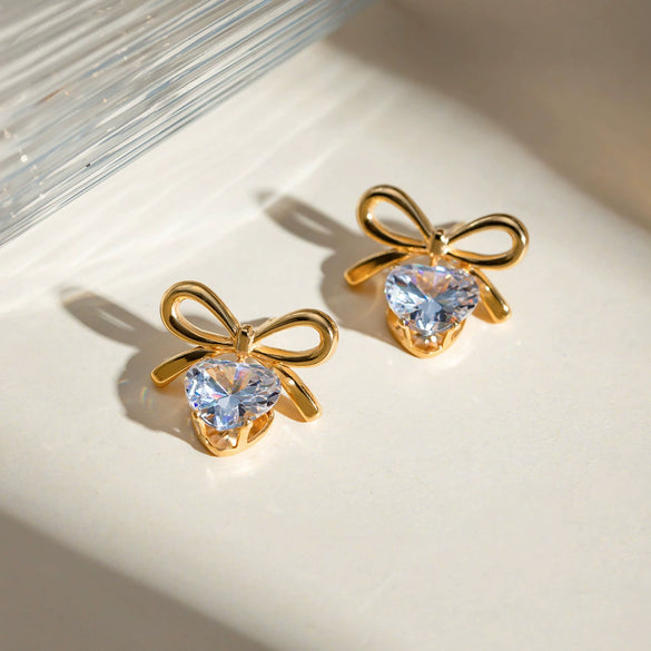 Wholesale Stainless Steel Geometric Bow Earrings With White Zircon And Electroplating
