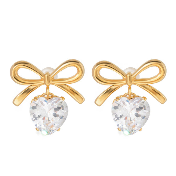 Wholesale Stainless Steel Geometric Bow Earrings With White Zircon And Electroplating