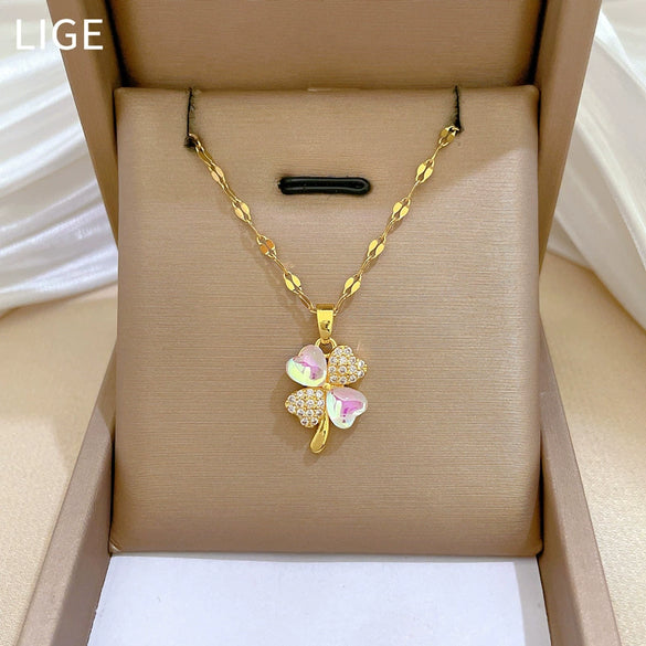 Wholesale Stainless Steel Geometric Clover Microencrusted Diamond Necklace For Women Elegant Style Clavicle Chain Accessories