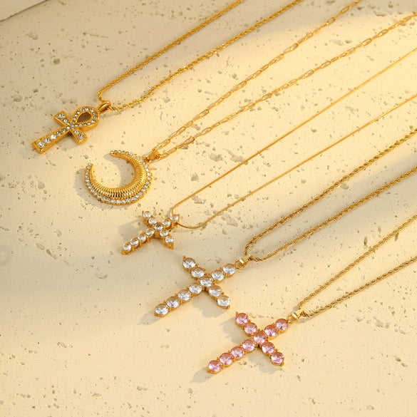 Wholesale Stainless Steel Geometric Cross Key Pendant Necklace With Rhinestone Electroplating For Women