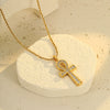 Wholesale Stainless Steel Geometric Cross Key Pendant Necklace With Rhinestone Electroplating For Women