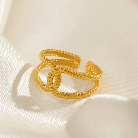 Wholesale Stainless Steel Geometric Cross Opening Adjustable Ring For Women 18K Gold Plated
