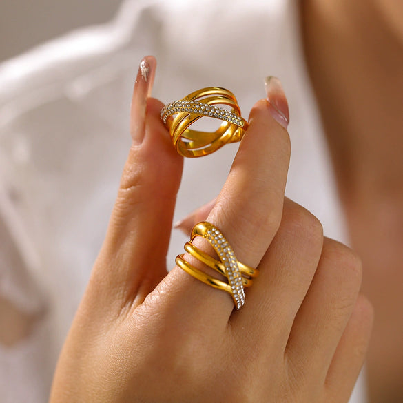 Wholesale 316L Stainless Steel Geometric Cross Winding Ring Electroplated With Real Gold