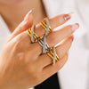 Wholesale 316L Stainless Steel Geometric Cross Winding Ring Electroplated With Real Gold