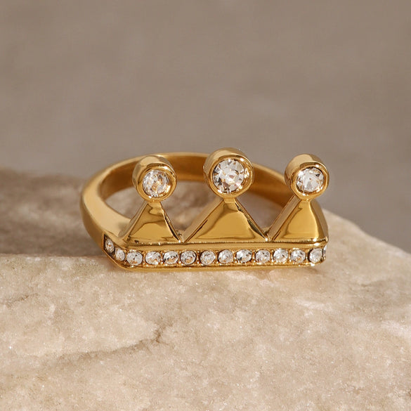 Wholesale Stainless Steel Geometric Crown Inlaid Zircon Ring With 18K Gold Electroplating For Women