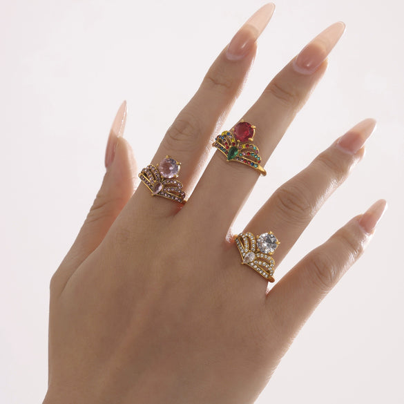 Wholesale 316L Stainless Steel Geometric Crown Pattern Electroplated Adjustable Ring