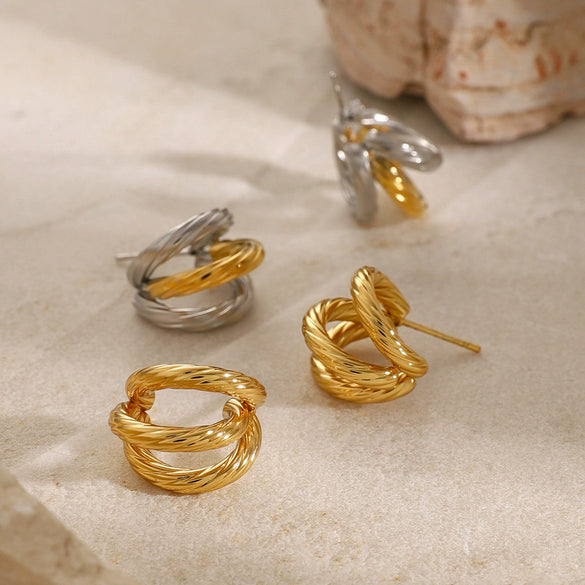 Wholesale Stainless Steel Geometric Cshaped Electroplated Threelayer Thread Earrings For Women