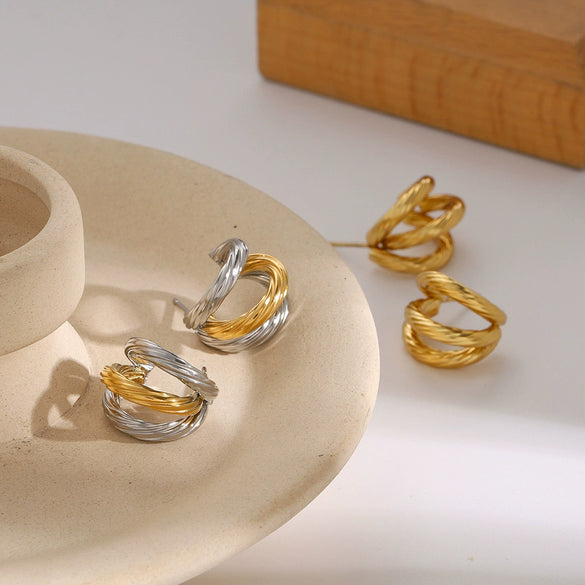 Wholesale Stainless Steel Geometric Cshaped Electroplated Threelayer Thread Earrings For Women