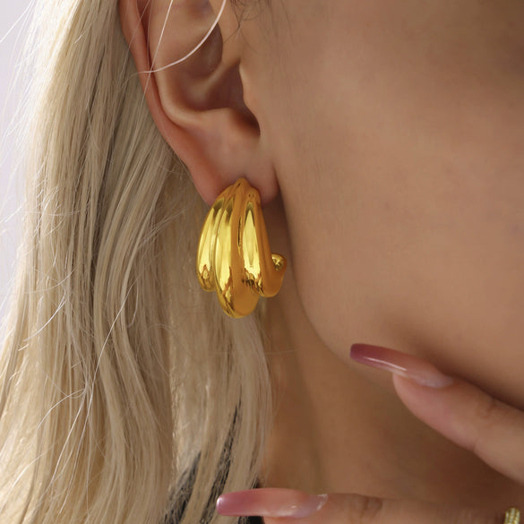 Wholesale 316L Stainless Steel Geometric Cshaped Multilayer Heavy Polished Pvd Plated 18K Real Gold Women's Earrings