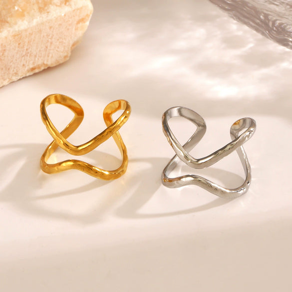 Wholesale Stainless Steel Geometric Double Layer Line Design Electroplated Ring For Women