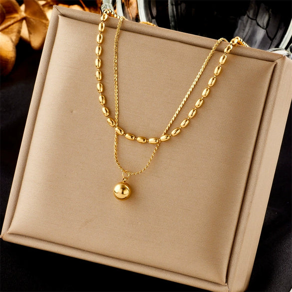 Wholesale Stainless Steel Geometric Doublelayered Round Bead Pendant Clavicle Necklace With Electroplating Treatment For Women