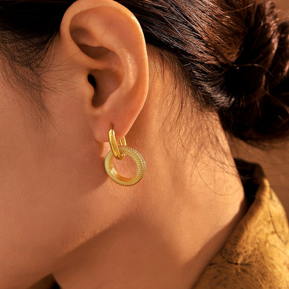 Wholesale 316L Stainless Steel Geometric Doublering Thread Earrings With Pvd Plating Nonallergic Fashionable For Women