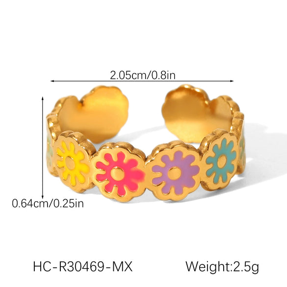 Wholesale Stainless Steel Geometric Dripping Oil Daisy Open Ring Women's Jewelry