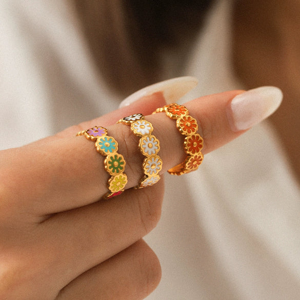 Wholesale Stainless Steel Geometric Dripping Oil Daisy Open Ring Women's Jewelry