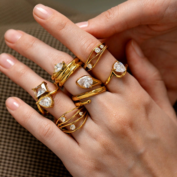 Wholesale Stainless Steel Geometric Drop Shape Zirconia Ring 18K Gold Plated For Women
