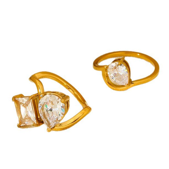 Wholesale Stainless Steel Geometric Drop Shape Zirconia Ring 18K Gold Plated For Women