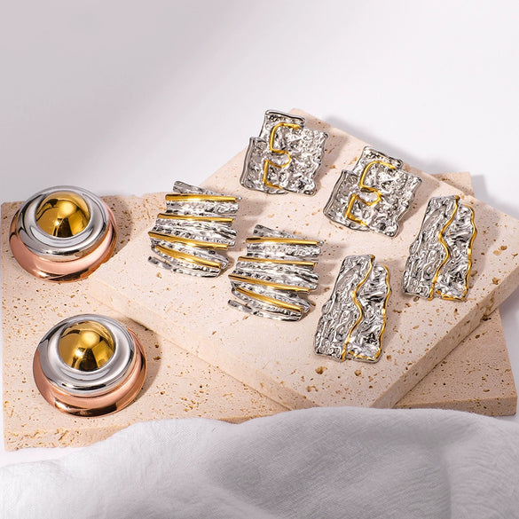 Wholesale Stainless Steel Geometric Earrings With Gold And Steel Color Matching 18K Gold Plated By Vacuum Plating In Furnace For Women